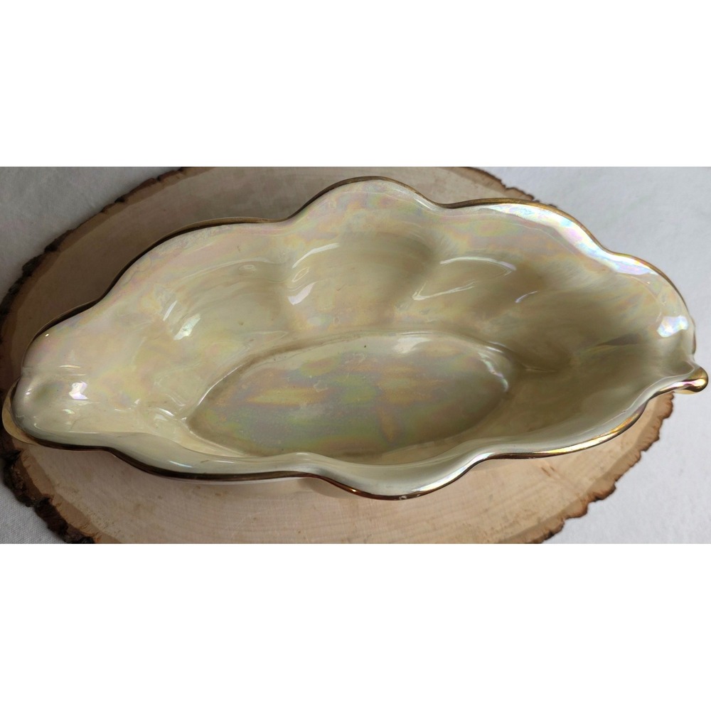 1940s Pearl China Iridescent Console Bowl Scalloped 22K Gold Plated Trim Handles - Picture 6 of 10